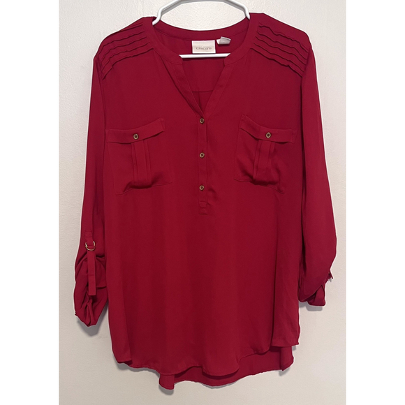 Chico’s Flowy Blouse Women’s XL 3 Red Gold Buckle Button 3/4 Sleeve Shirt - Picture 2 of 6